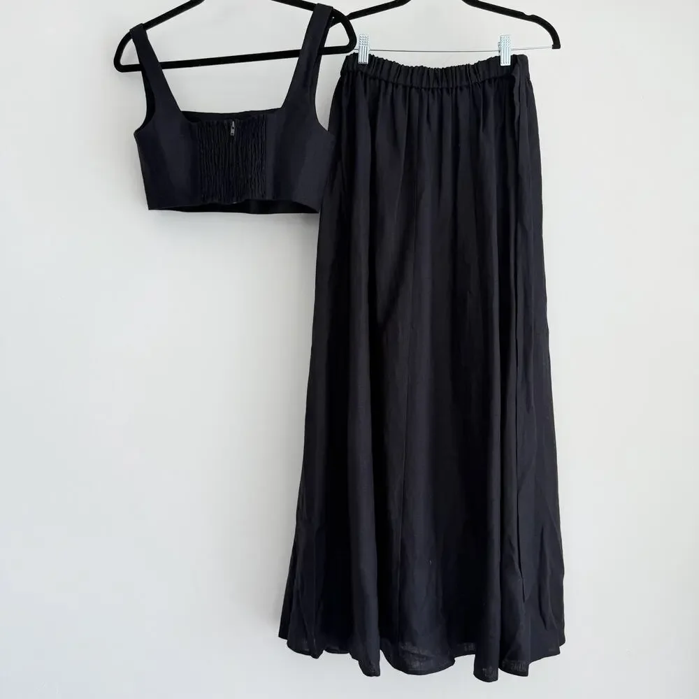 Reformation Linen Palm Set 4 Black Two Piece Set Crop Top Skirt Vacation Resort